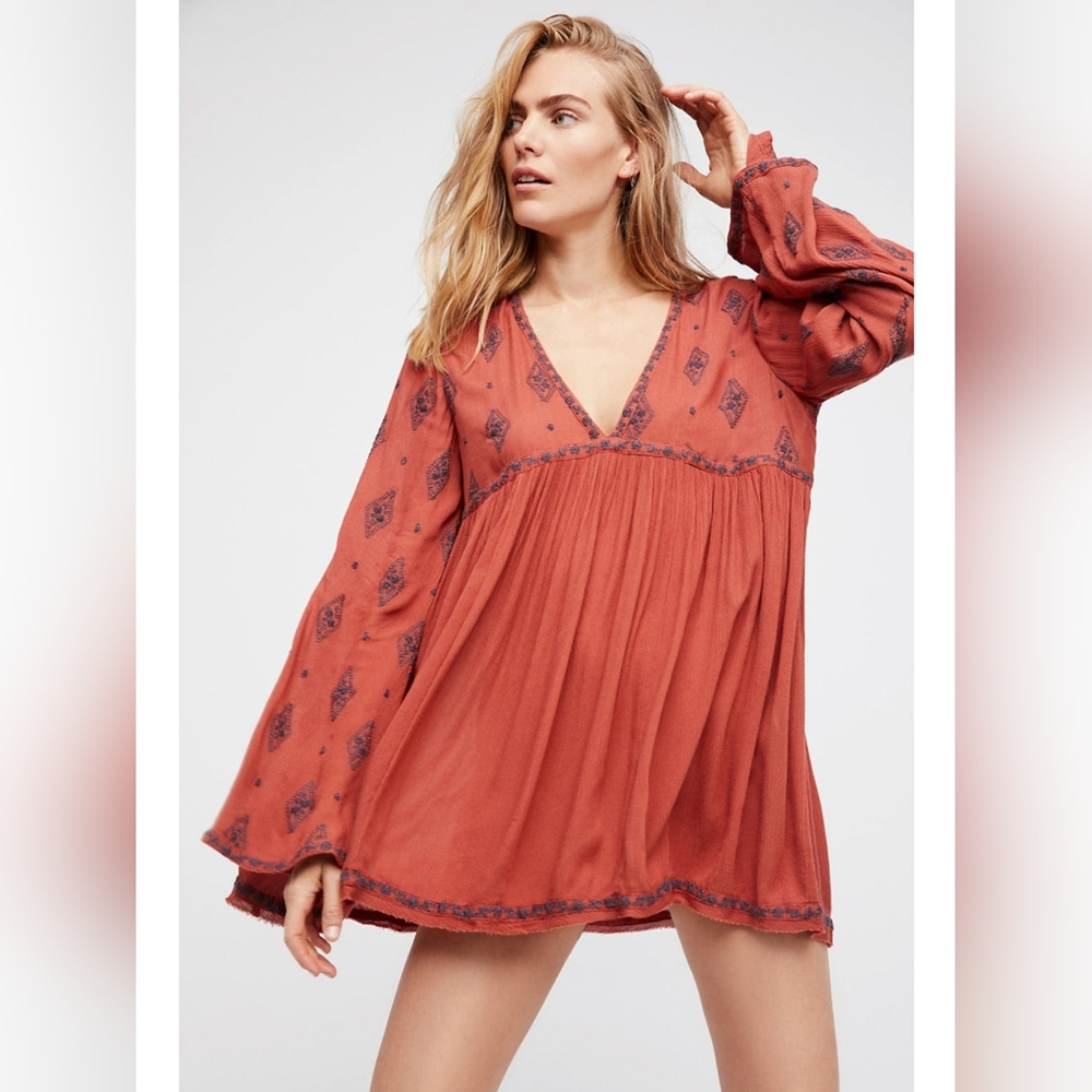 FREE PEOPLE Flowy Boho Tunic Dress Cottage Embroidered Burnt Orange Blu Roomy XS - Picture 7 of 11